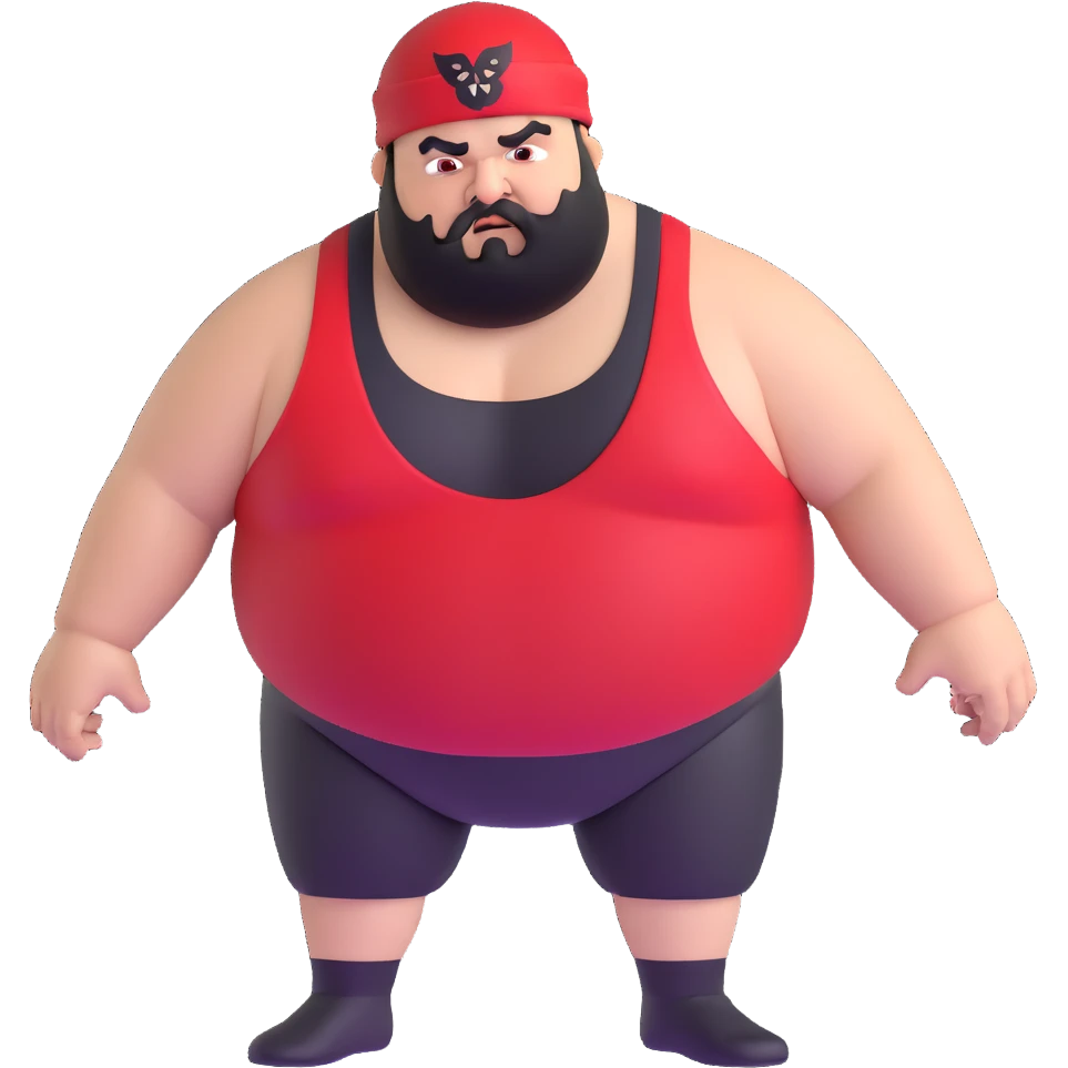 Extreme close-up of face of morbidly obese white skin guy with young face, prominent BLACK DURAG tied clearly on head, distinct black beard and mustache, black eyes in a red and black wrestling singlet with angry expression emoji