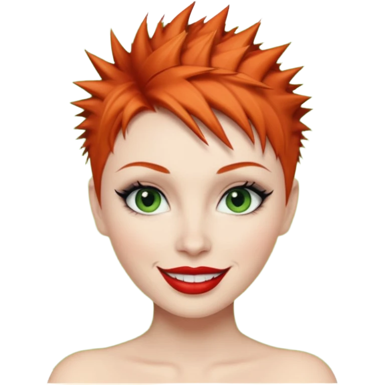 Short spikey Ginger hair, green eyes, black long eye lashes large red lips White woman happy emoji