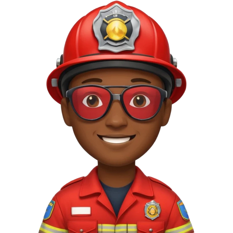 Young, male, dark skin, wearing sunglasses, firefighter uniform, happy emoji