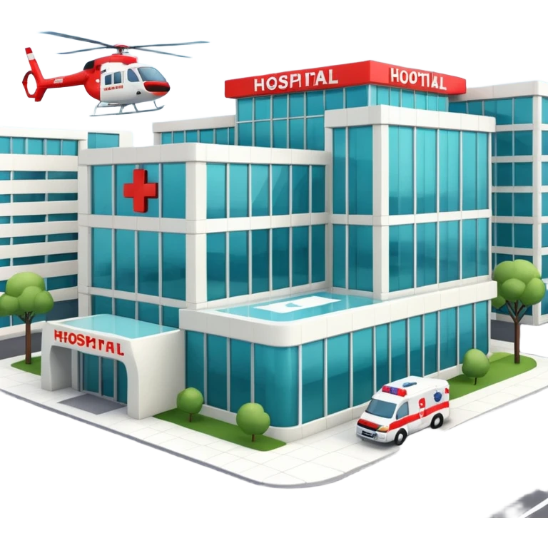 3d hospital outside, with text hospital, ambulance, helicopter emoji