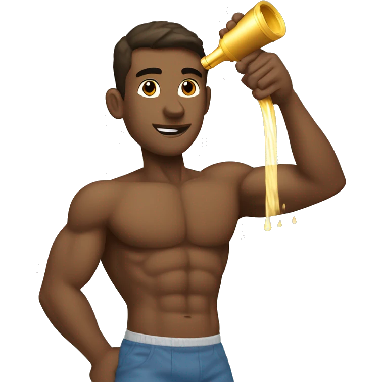 Shirtless gym bro spraying gold water from a fire hose emoji