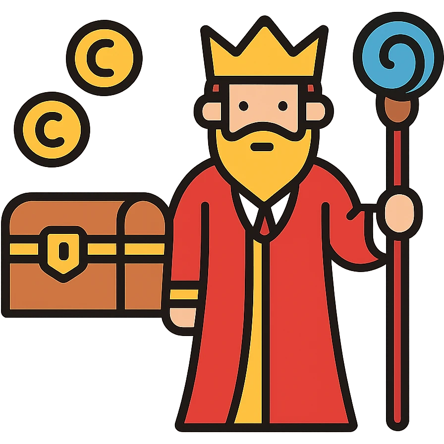 Fantasy guild master CEO in red robes with gold coins and magical staff. RPG style business leader with crown and treasure chest. emoji