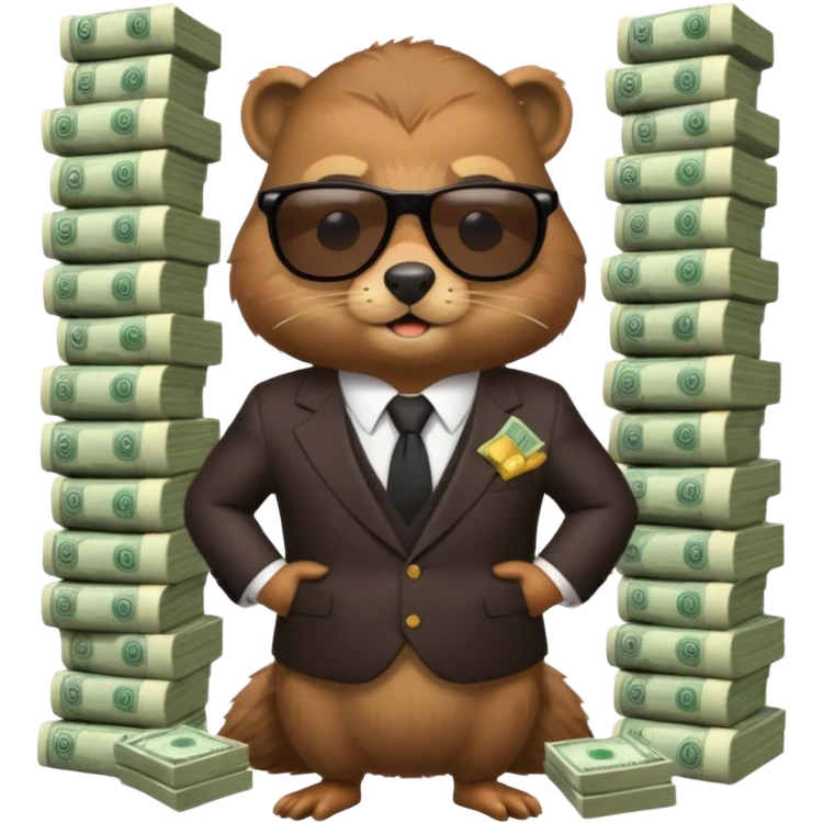 Beaver in suit wearing sunglasses surrounded by stacks if cash emoji