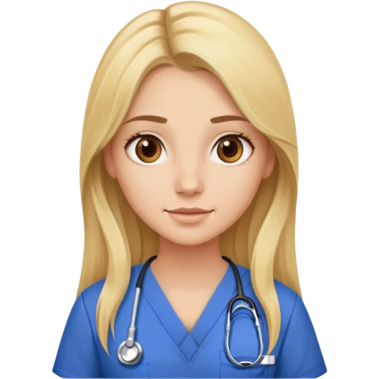 Blonde girl with long hair and brown eyes in scrubs emoji