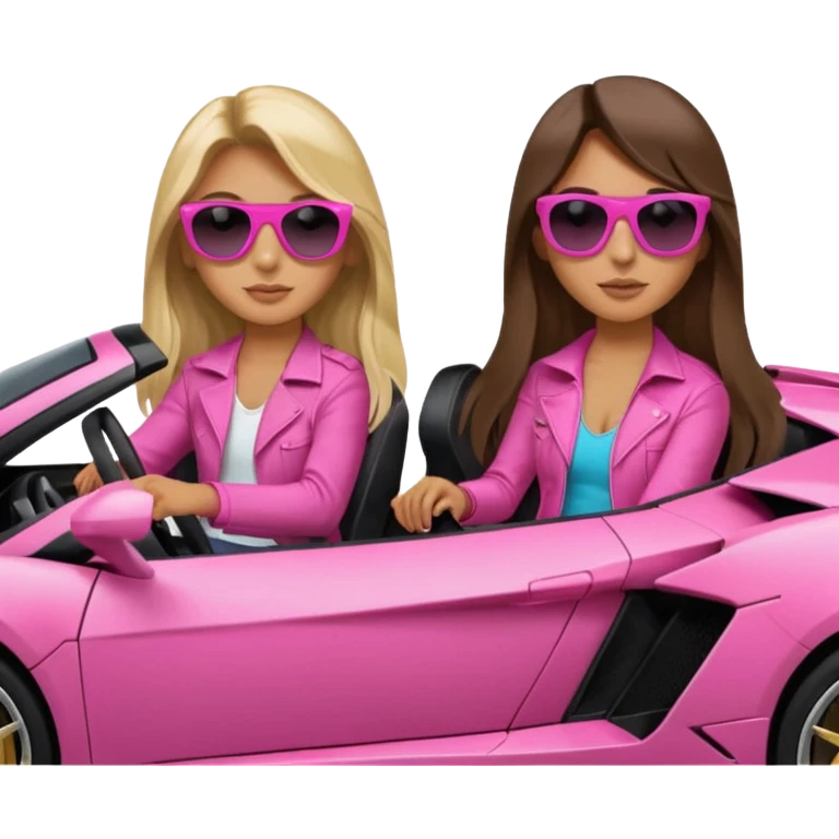 Add sunglasses Make car far away so I can see full car Car facing forward in sports car. Make hair long  two girls in car far away Front of car sitting in the seats. Make it a pink sports car. They are two baddies make it a Lamborghini pink car  emoji