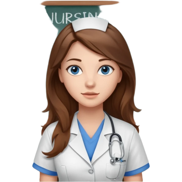 university classroom that says nursing school on the board with a pretty female nursing student with long brown hair, blue eyes emoji