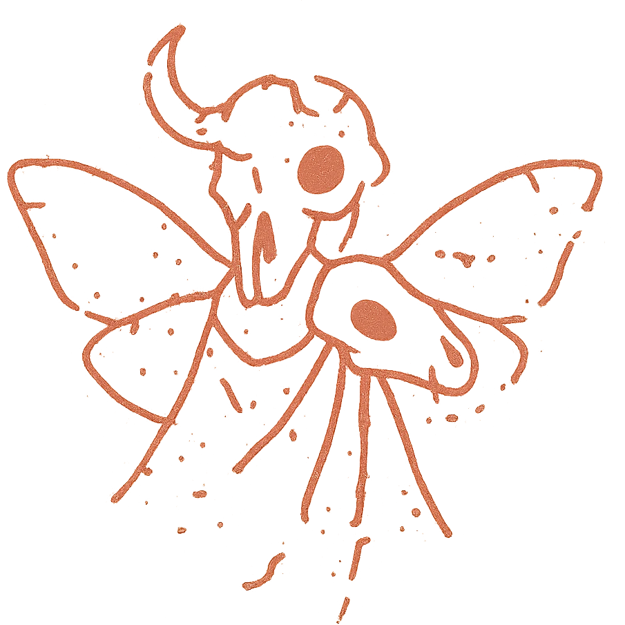 maximum deterioration: a barely-there red line drawing of hybrid creature with minotaur skull with a broken horn and one glowing red eye, stoat skull with a cape, and moth wings, with most of the perimeter completely missing, extreme fragmentation, massive gaps, severely eroded to near non-existence, only the faintest suggestion of the creature remains, like ancient damaged artifact at final stage of decay emoji