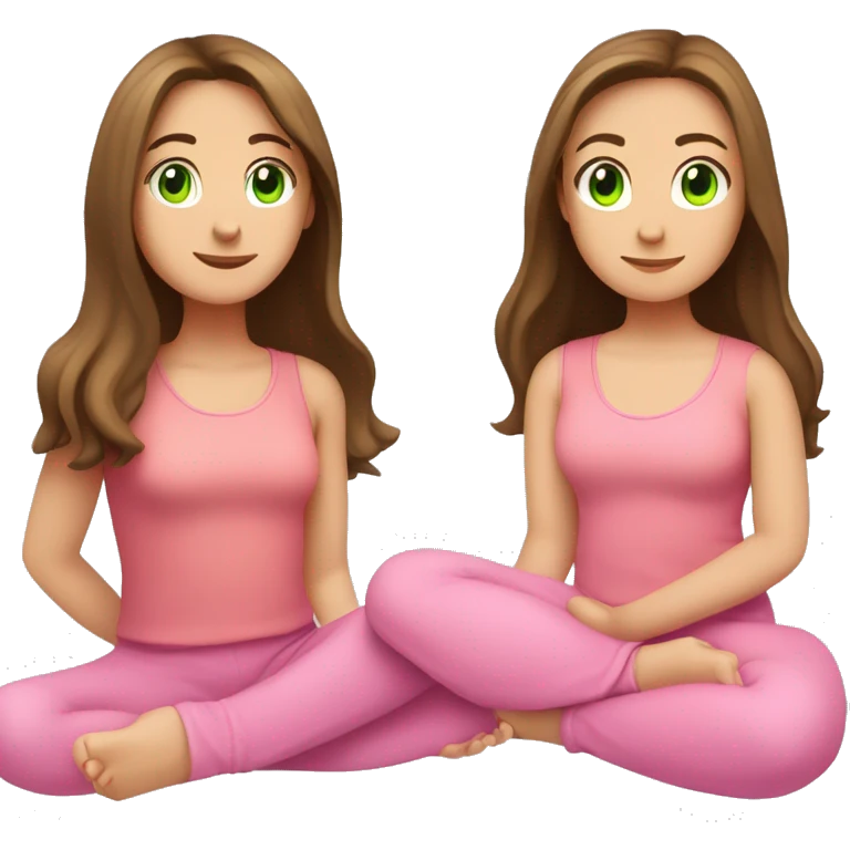 A girl with brown long hair, fair skin and green eyes is sitting in a lotus position in a pink top and pink leggings emoji