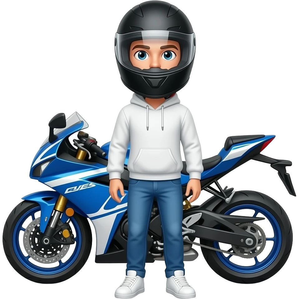 a man with a black helmet including a black vision wearing a white hoodie, bright blue jeans and white sneaker stands in front of a blue and white motorcycle and holding a UPI RIDES emoji