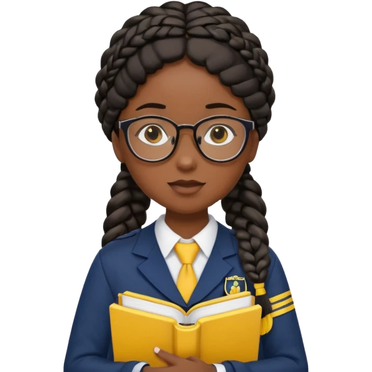Girl student wearing uniform, glasses, hold yellow book in front of their chest, black braided hair, dark skin emoji
