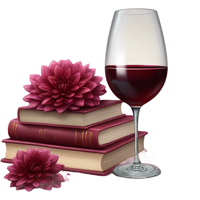A deep red pile of books with classic dahlias and a spilled wine glass emoji
