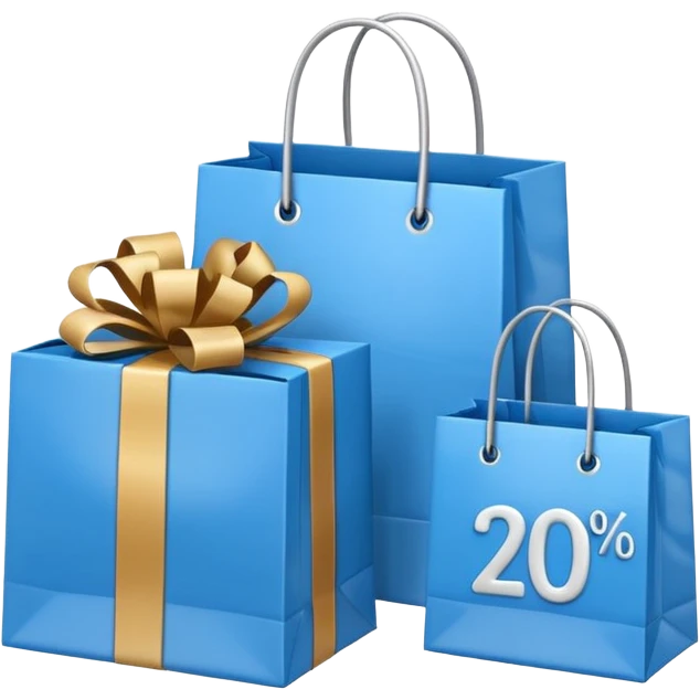 Shopping bags and gift boxes with blue colored , and 20% sign emoji