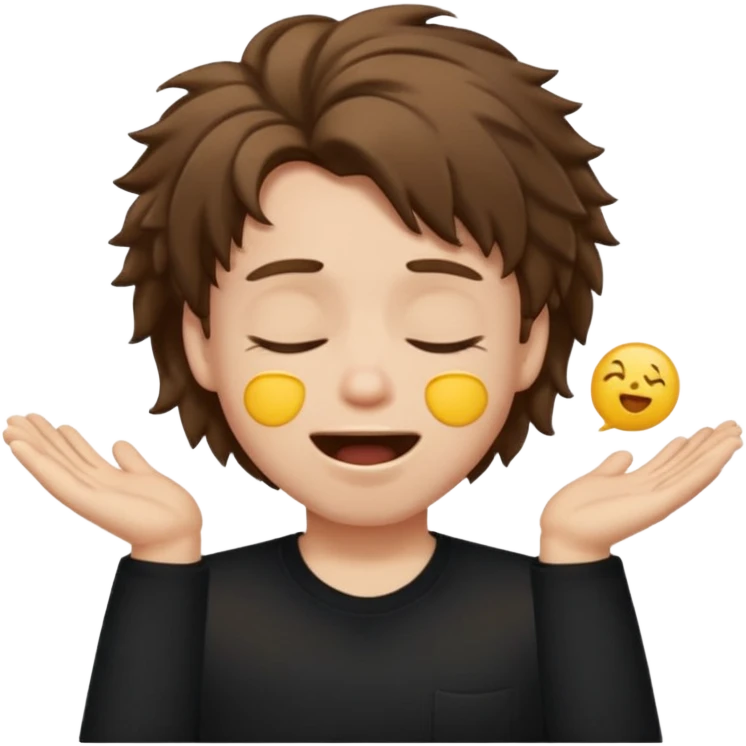 front emoji of a white boy with large brown hair, semi-closed eyes, wide open mouth, black shirt, playful emoji style, exaggerated hair emoji
