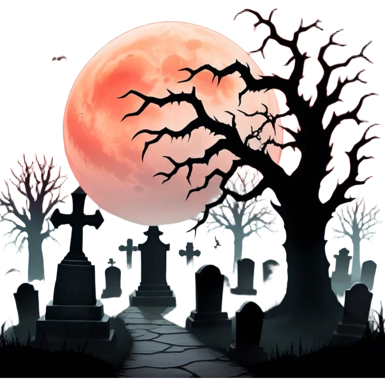 Icon for Horror Movies: A chilling collage with a monstrous werewolf or vampire, dark silhouettes, eerie graveyards, and creepy elements like spiders and tombstones. Ghostly fog surrounds, with a blood-red moon in the sky. The atmosphere is unsettling, eerie, and haunting. Transparent background. emoji