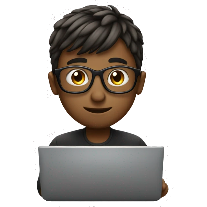 The man with his bangs in glasses is working hard on his laptop emoji