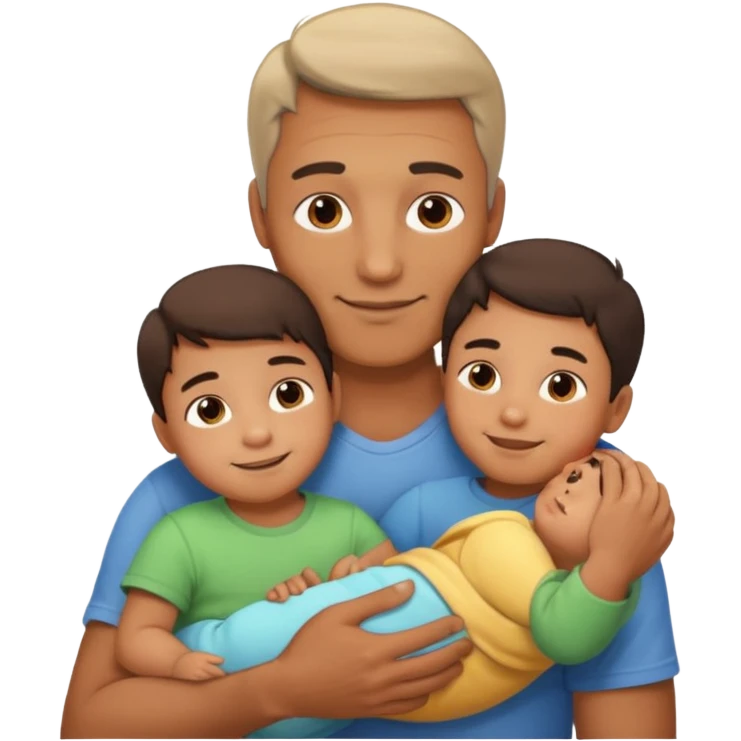 The father stands under the soft sunlight, his strong arms holding his child close to his chest, his gentle face glowing with a warm smile. emoji