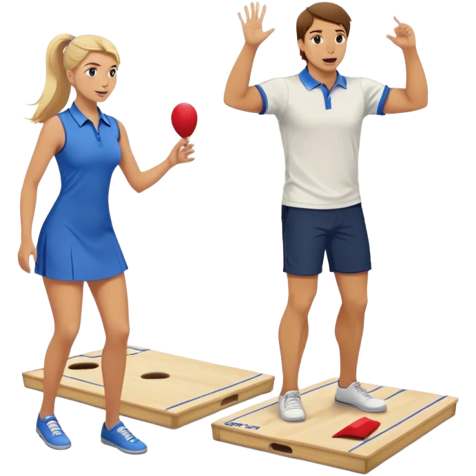 man with brown hair playing cornhole with a blonde hair girl cheering him on in the back emoji