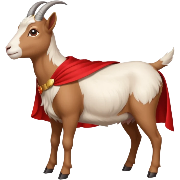 side view of white female goat wearing a read cape like superman emoji