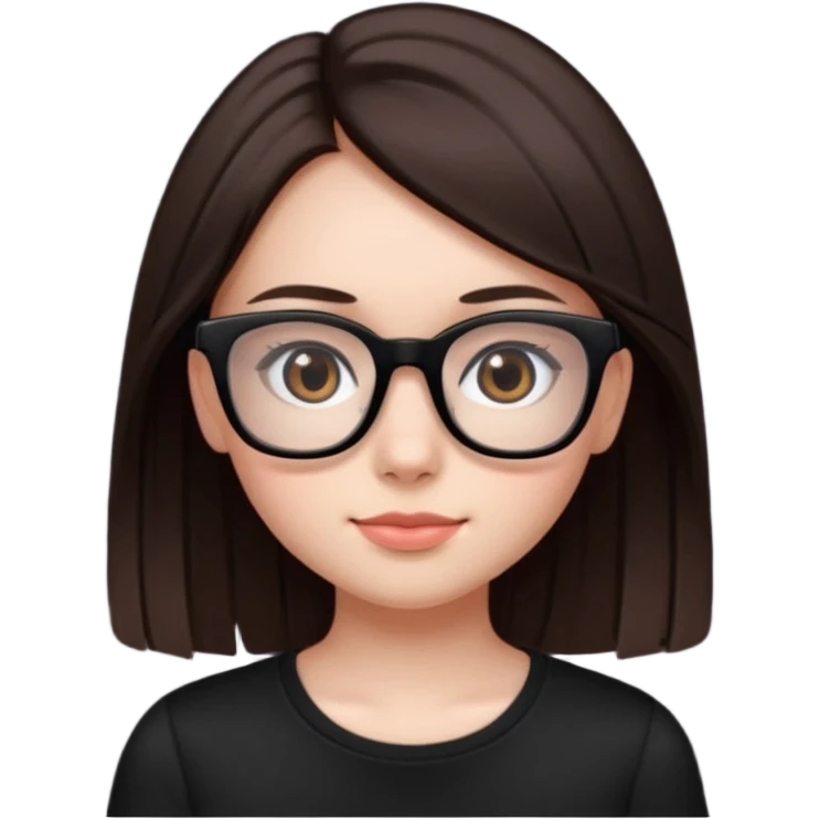 une ado, brune aux cheuveux tres fonces tres longs lisses blanche, ,lunettes carres/ rectanglesnoires, yeux bruns joues rose, haut noir emoji