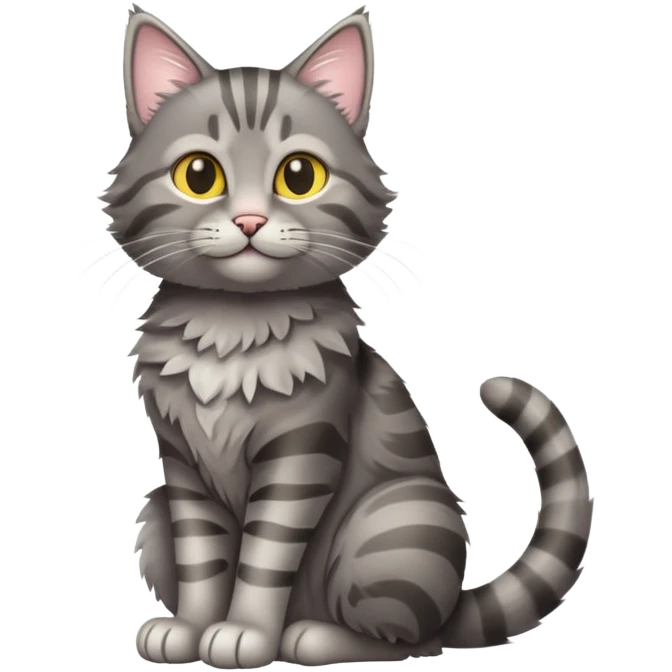 cinematic-[grey tabby cat]-realistic-full-body-sitting-emoji,-tail-curled-playfully-around-its-paws,-head-tilted-dramatically,-scruffy-[grey]-fur,-simplified-yet-realistic-focused-features,-highly-detailed,-glowing-with-an-almost-sarcastic-glow emoji