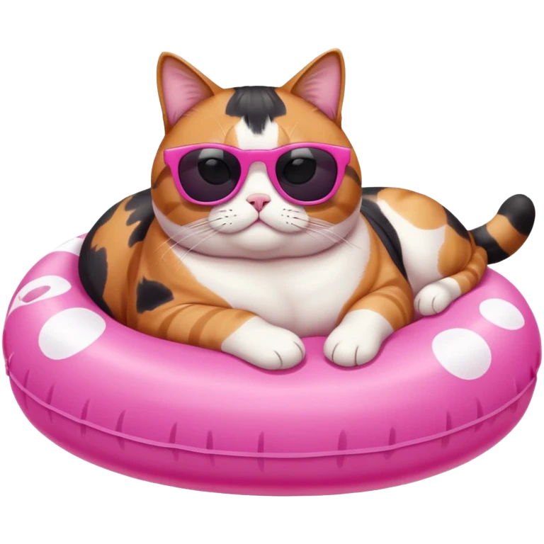 Fat calico cat with dark sunglasses lying on a pink pool floatie emoji