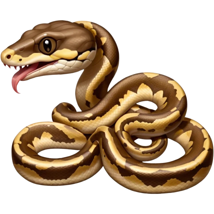 A close-up 3/4 view of the Ball Python with the front half raised slightly in an S-shape and its tongue flicking out. The head is angled curiously toward the viewer, showing both personality and motion. emoji