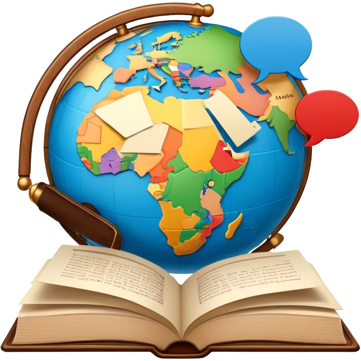 An icon showing a globe surrounded by speech bubbles with greetings in different languages, like 'Hello,' 'Hola,' and 'Bonjour.' The design includes an open book and a quill, symbolizing learning and communication. Transparent background emphasizes global connection through language. emoji