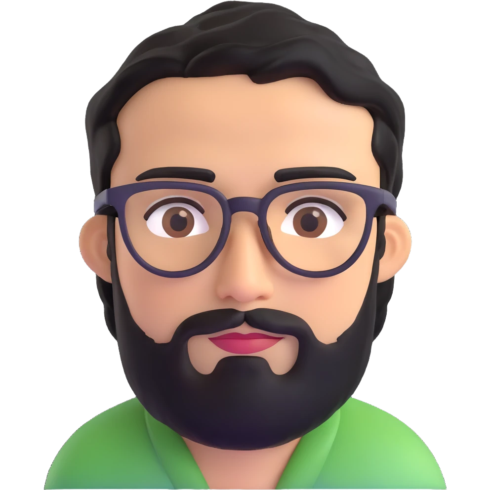 man with medium black beard, black hair, connected eyebrows, olive tan skin, brown eyes, and glasses emoji