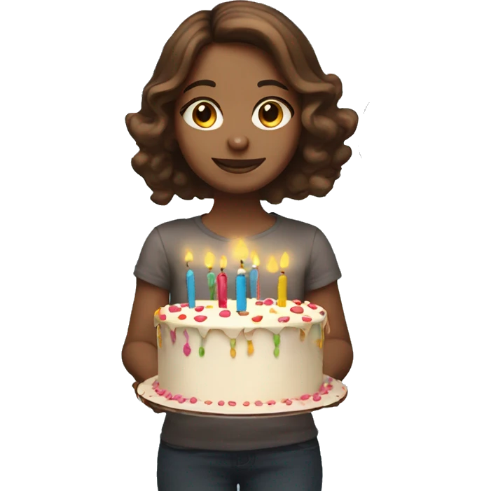 a brown hair girl holding a birthday cake and balloons emoji