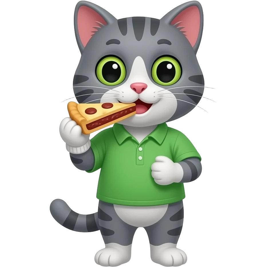 Cartoon brother gray cat wearing a green shirt standing put on the mitten eating a piece of pie emoji