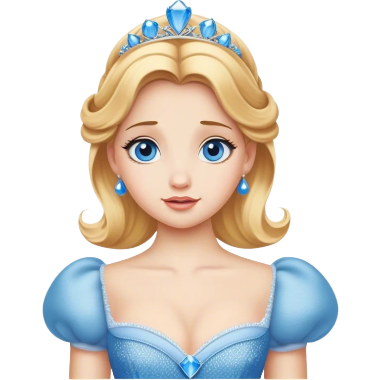Cinematic Realistic Comical Cinderella Portrait, with every detail rendered realistically—from the soft, smooth texture of her fair skin to her artfully styled golden-blonde hair. Her bright blue eyes are wide with playful disbelief, and her expression carries a touch of whimsical humor while retaining elegant poise. Her classic ball gown, detailed with rich fabric textures and natural shadows, catches the light in a way that blends refined beauty with a hint of cheeky mischief, creating a striking, lifelike portrayal. emoji