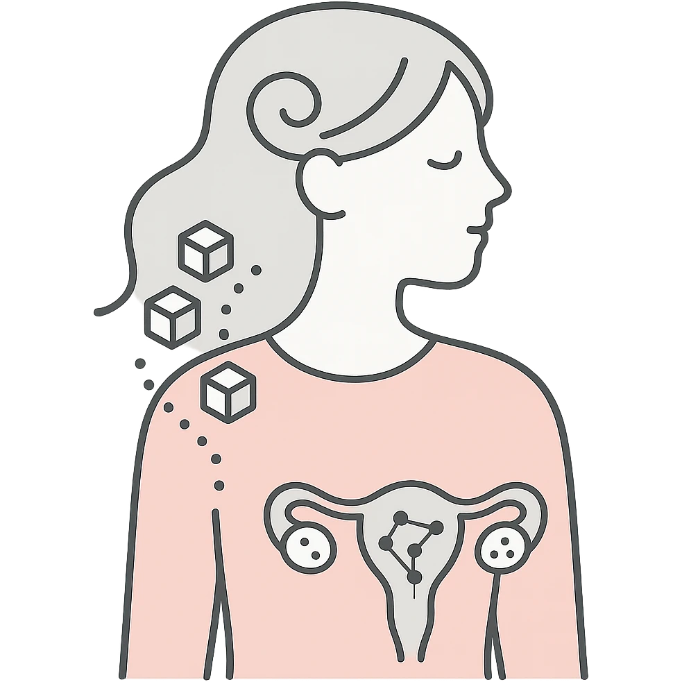 minimalist pastel art of a woman's silhouette with abstract PCOS symptoms inside including swirling hair, sugar cubes in bloodstream, constellation-like ovaries emoji