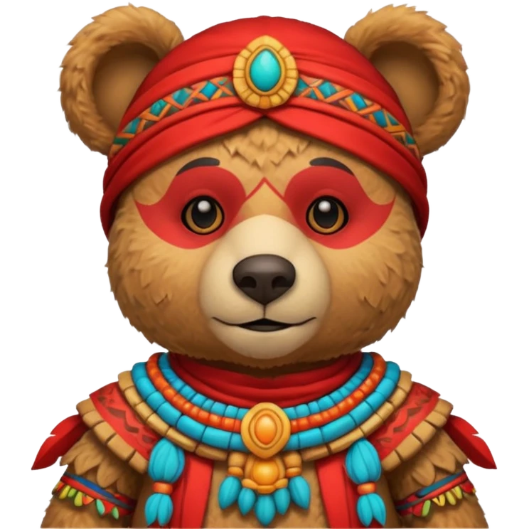 teddy bear Upper, wearing red mayan ancient custome, with carrot half body emoji