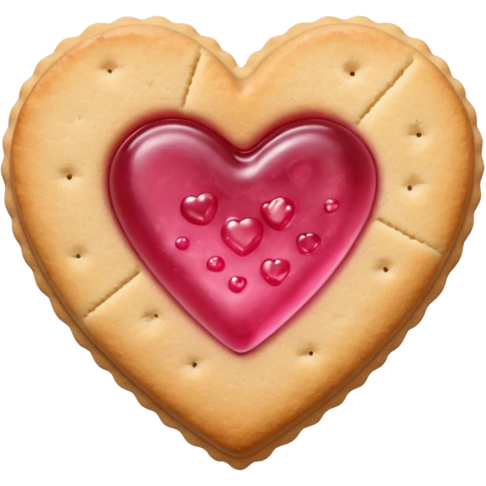 Realistic shortbread cookie in the shape of a heart with pink jelly emoji