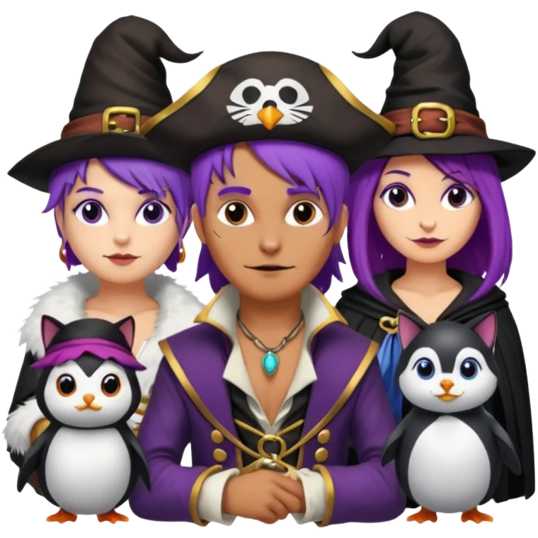 Um homem vestido de pirata,um gato de mágico,uma mulher de cabelos roxos e um pinguin vestido de bruxa emoji