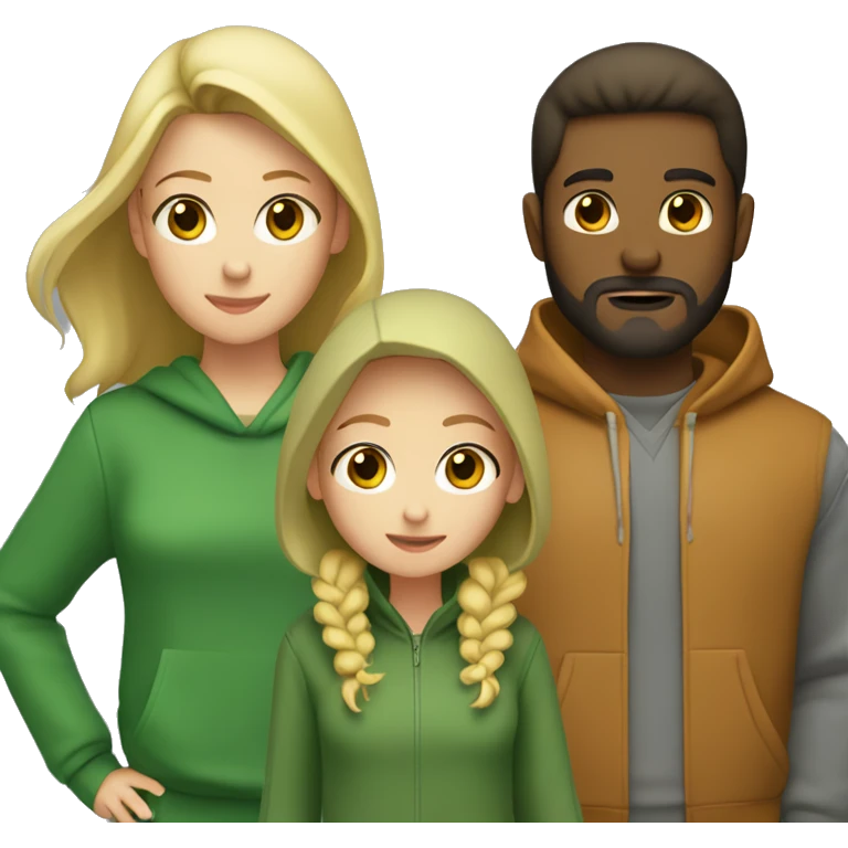 two girls and one guy. one of the girls is a blonde in a green sweater, the other has brown hair and wear gray hoodie, in the middle is a guy with dark hair and a beard emoji