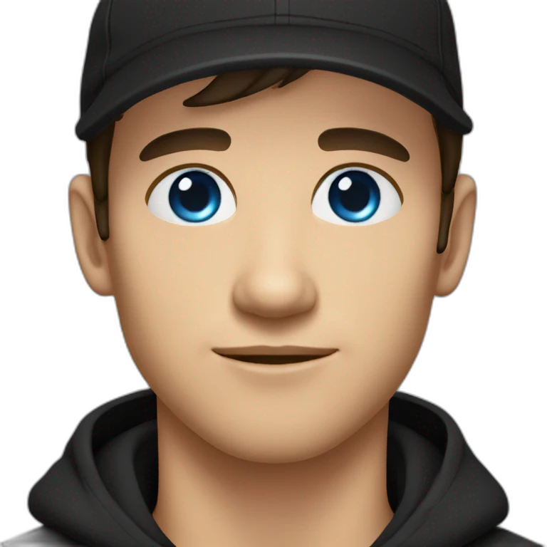 a guy with blue eyes, dark hair and bangs in backward black cap and in a black t-shirt emoji