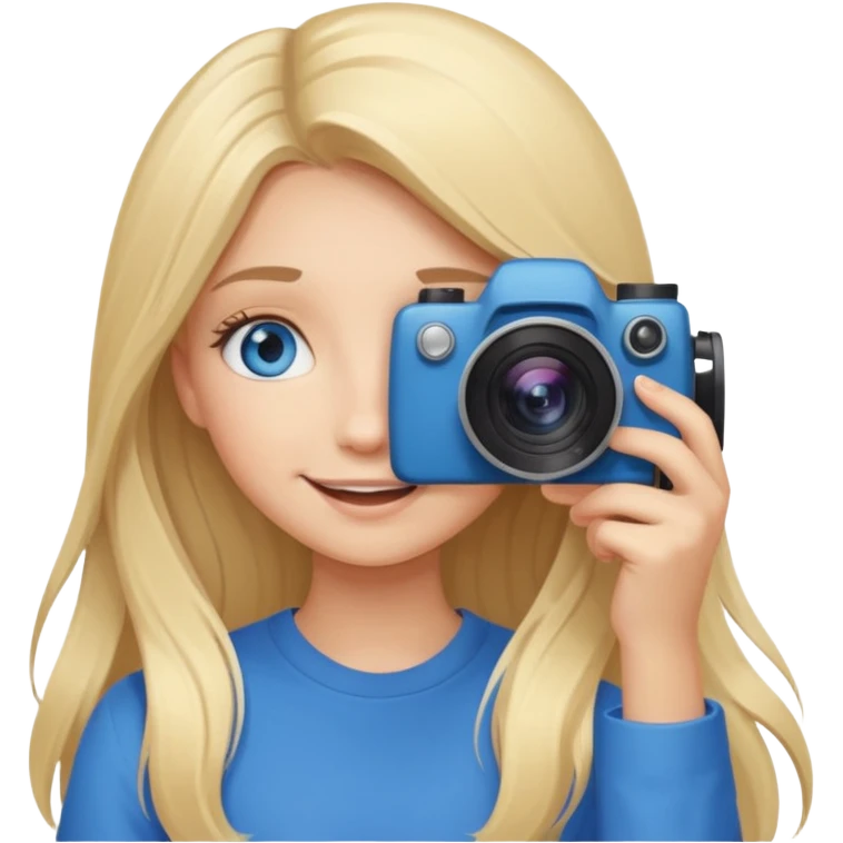  blue eyes blonde girl photographer cartoon taking picture in middle of taking picture camera in front of face long hair smiling funny flash professional, camera in front of face emoji