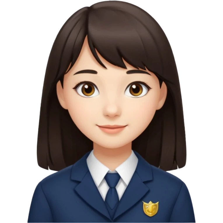 Pretty student with dark brown bangs and long straight hair, elegant school uniform, natural makeup, charming smile emoji