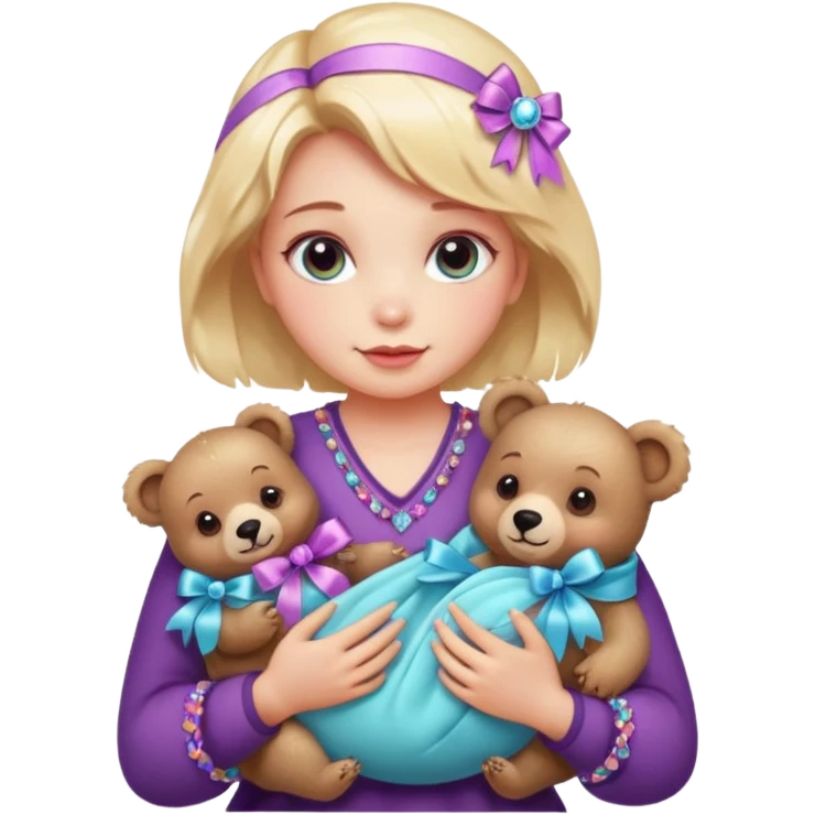woman holding baby bears with ribbons and crystals emoji