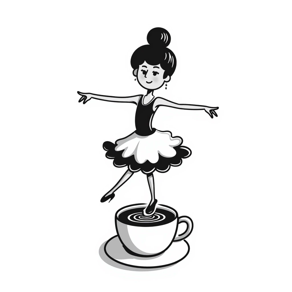 Elegant ballerina dancer formed from cappuccino foam art, pirouetting on top of coffee emoji