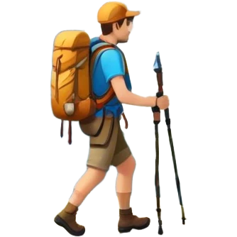 Icon for Mountain Tourism: a scenic mountain range with a hiker carrying a backpack, trekking poles, and a compass. The icon should evoke the adventure and beauty of exploring the mountains. Transparent background. emoji