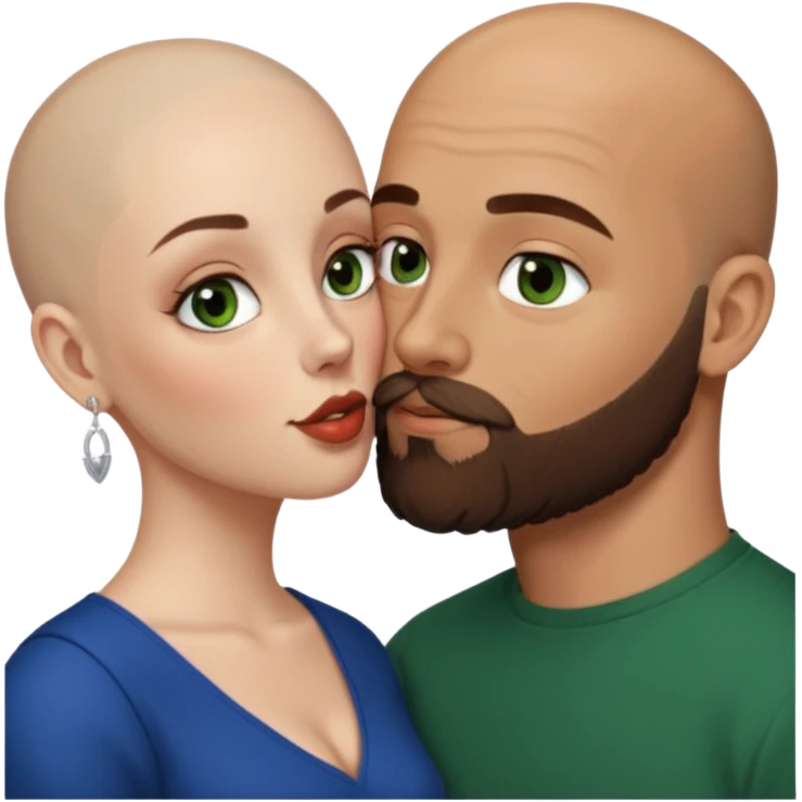 Man beard bald white dark green eyes, woman medium hair brown brown eyed latina kissing emoji