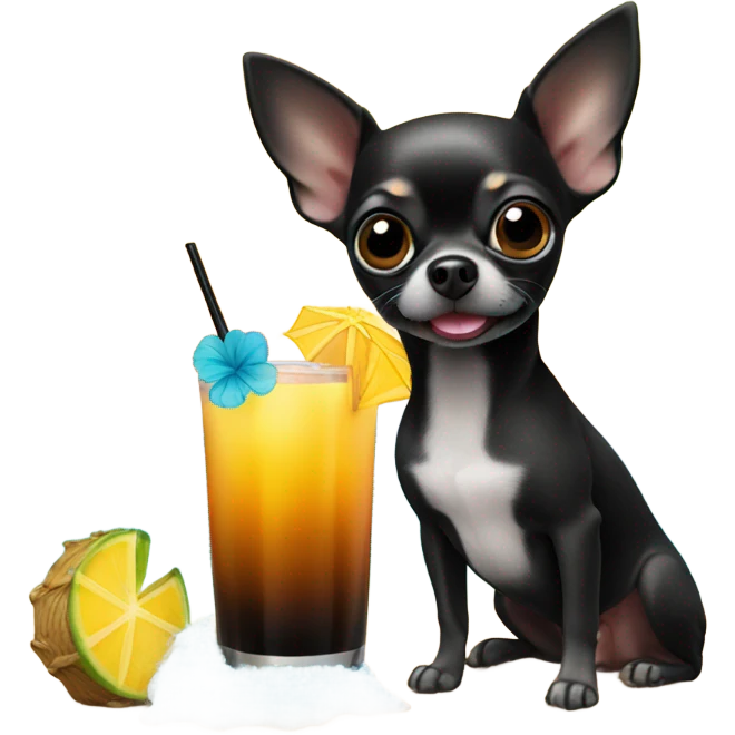 black chihuahua on beach with tiki drink emoji