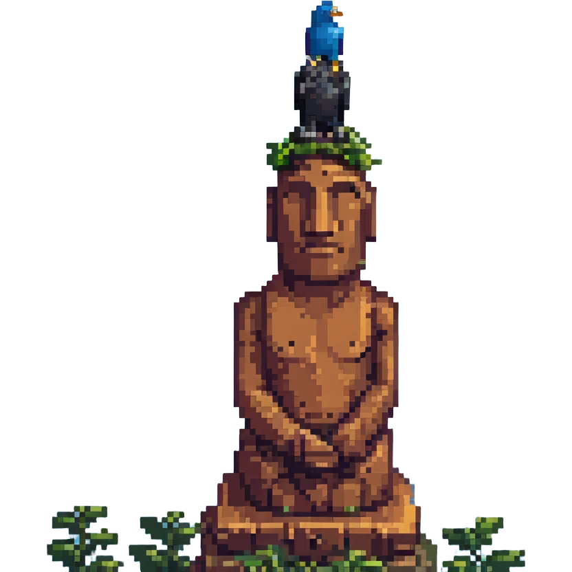 A bird sitting on the head of a moai statue. emoji