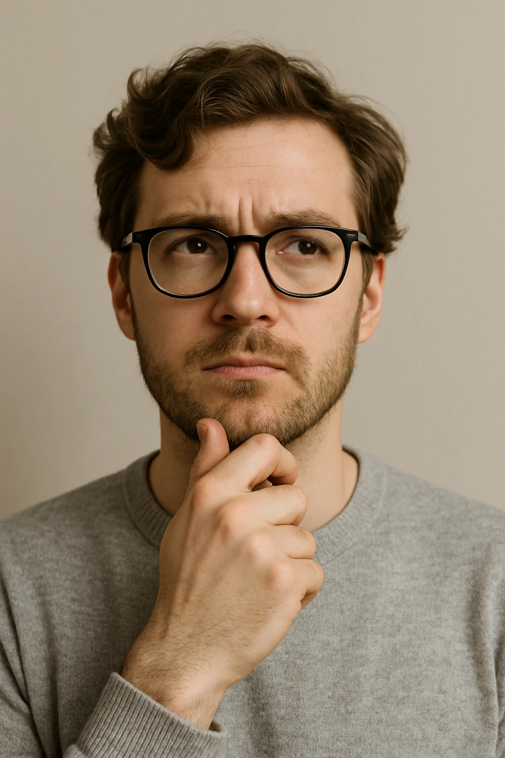 white male with glasses and brown wavy hair, looking thoughtful, simple background emoji