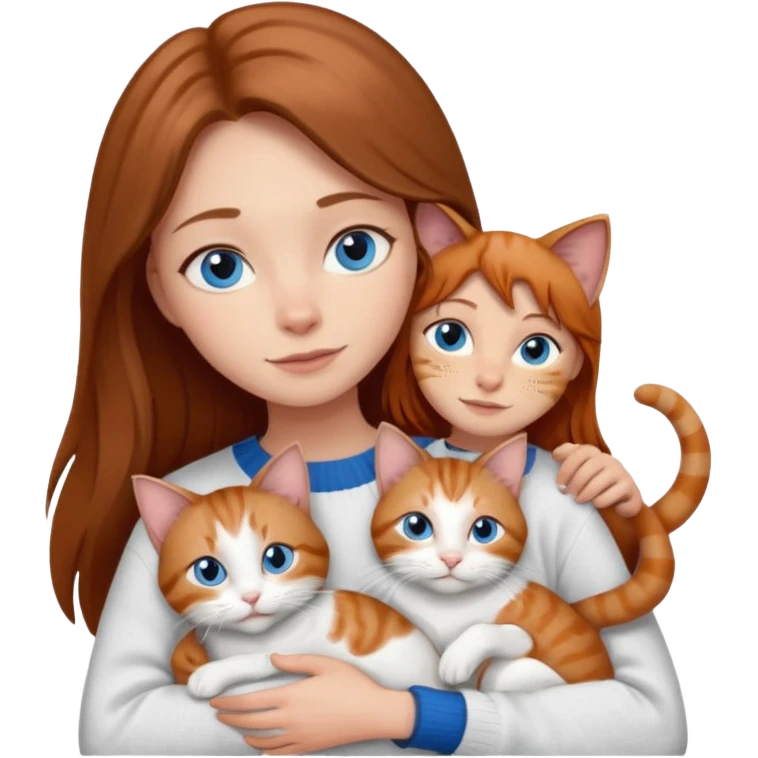a girl with long brown hair, with blue eyes, in a
white sweater, hugs 3 cats a brown tabby and white, a ginger and white and a grey and white emoji