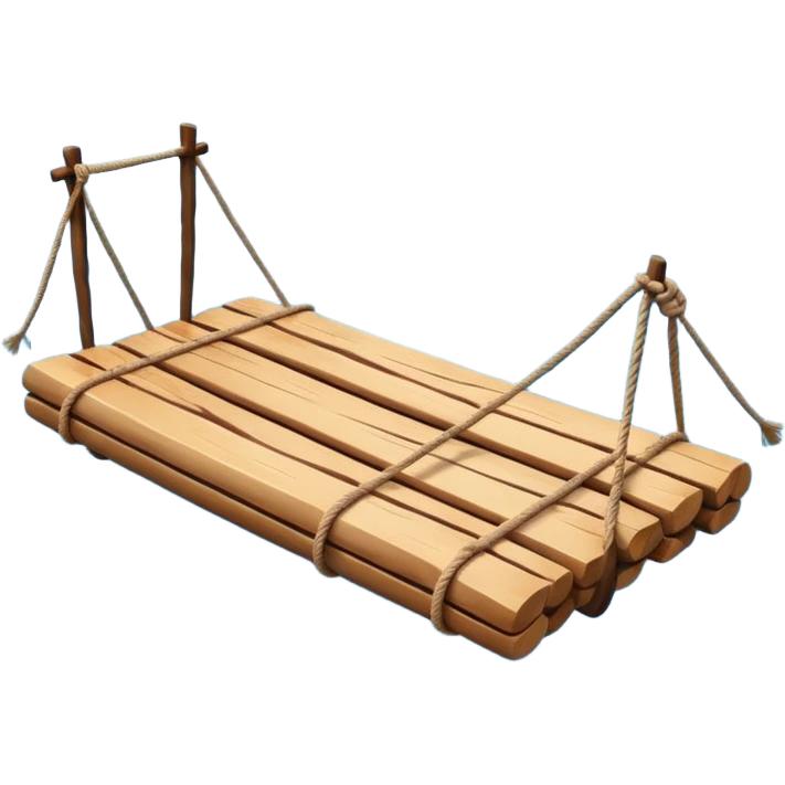 showing a simple wooden raft floating on calm blue water — made of several brown logs tied together with rope — gentle ripples around it — bright, cheerful lighting and soft shadows — minimalist, clean emoji design emoji