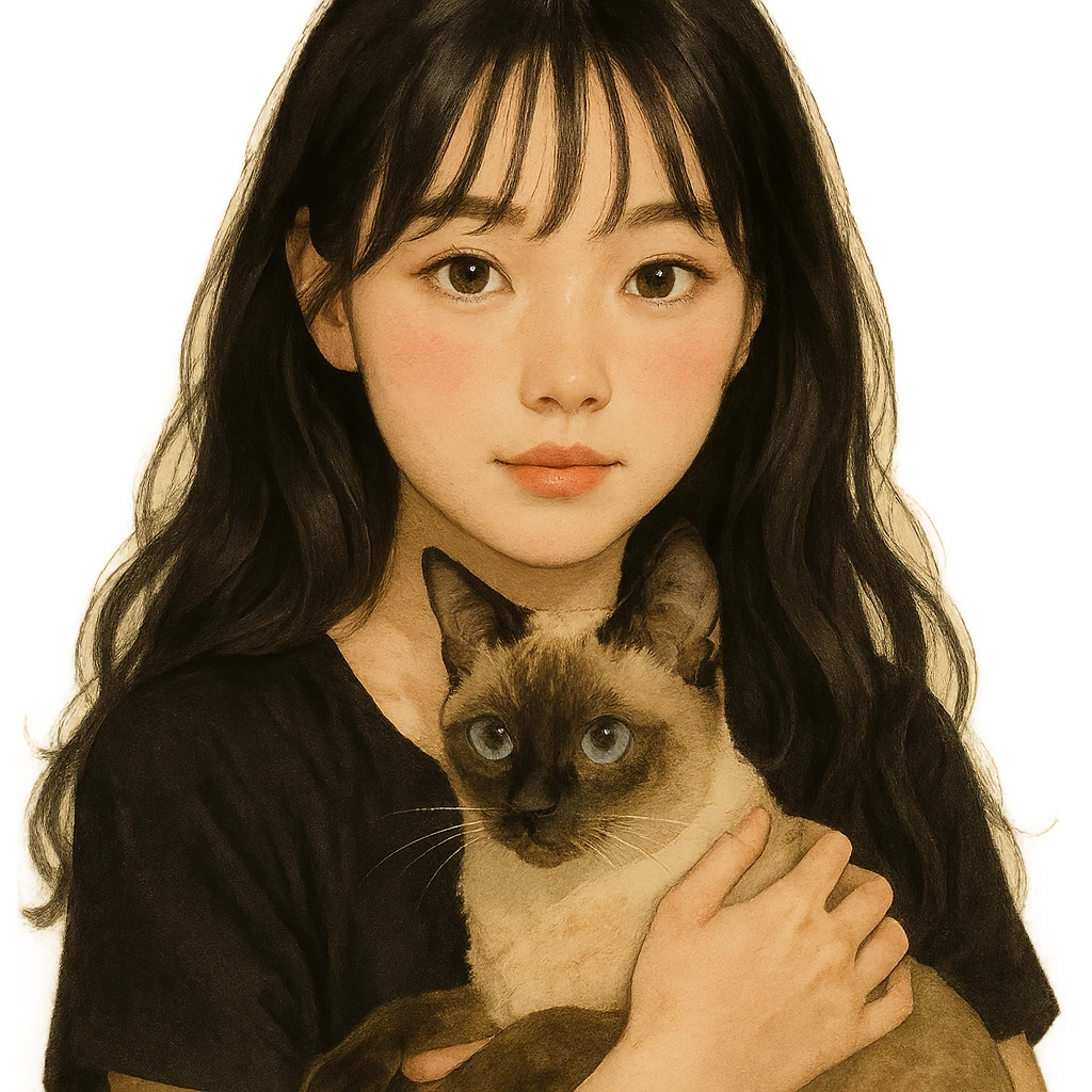 white-skinned East Asian woman with black see-through bang bangs and long wavy hair, holding a Siamese cat, round brown eyes, light pink blush on cheeks, pink lips, warm atmosphere emoji