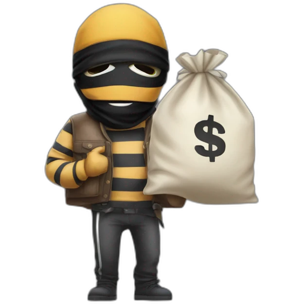 a bandit in striped clothes and a black mask over his eyes, carries a bag of money behind his back emoji